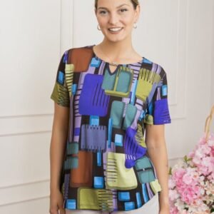 Bluza cu imprimeu geometric albastru si detaliu metalic