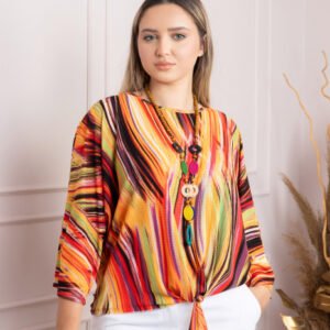 Bluza cu imprimeu orange abstract si colier decorativ