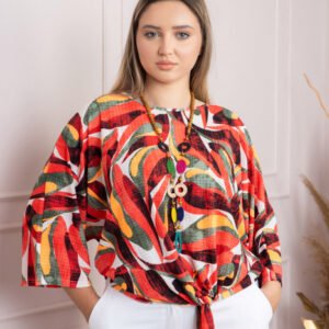Bluza cu imprimeu tropical orange si colier decorativ