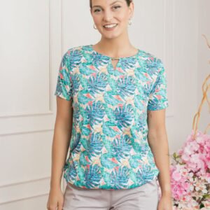 Bluza cu imprimeu tropical turcoaz si detaliu metalic