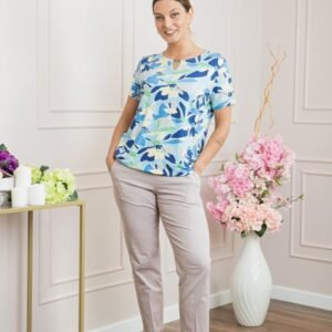 Bluza cu imprimeuri florale albastre si detaliu metalic