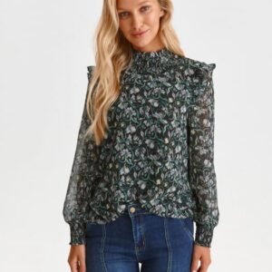 Bluza cu maneci bufante si imprimeu floral verde