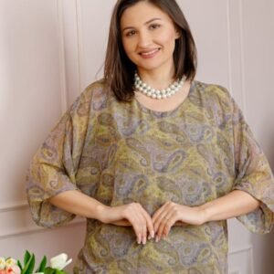 Bluza dama Maddie din voal bej cu imprimeu floral verde olive
