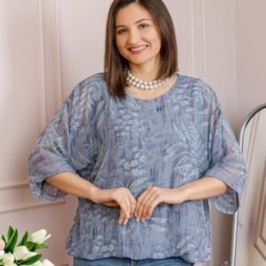 Bluza dama Maddie din voal bleu cu imprimeu floral alb