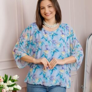 Bluza dama Maddie din voal bleu cu imprimeu floral turcoaz