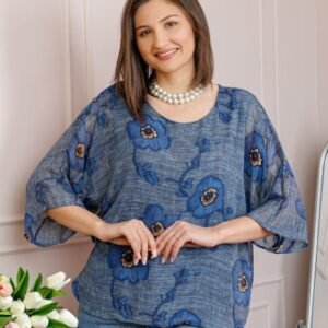Bluza dama Maddie din voal gri albastrui cu imprimeu floral albastru