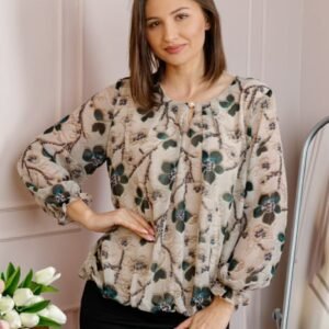 Bluza dama Pauline din voal bej cu imprimeu floral verde petrol