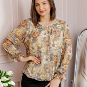Bluza dama Pauline din voal bej nisipiu cu imprimeu floral galben