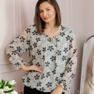 Bluza dama Pauline din voal gri cu imprimeu floral negru