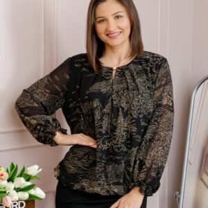 Bluza dama Pauline din voal negru cu imprimeu floral auriu