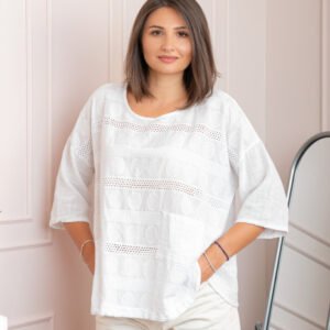 Bluza dama din bumbac Louise cu perforatii si buzunar - Alb