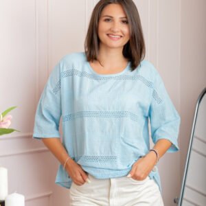 Bluza dama din bumbac Louise cu perforatii si buzunar - Bleu