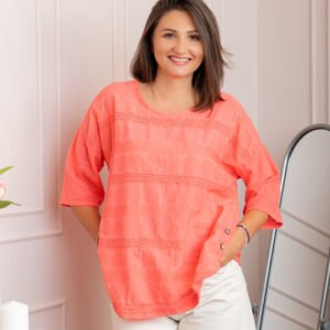 Bluza dama din bumbac Louise cu perforatii si buzunar - Corai