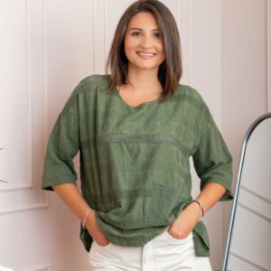 Bluza dama din bumbac Louise cu perforatii si buzunar - Kaki