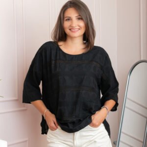 Bluza dama din bumbac Louise cu perforatii si buzunar - Negru