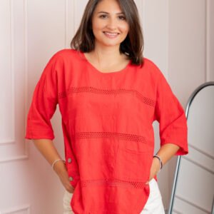 Bluza dama din bumbac Louise cu perforatii si buzunar - Rosu
