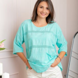 Bluza dama din bumbac Louise cu perforatii si buzunar - Turcoaz