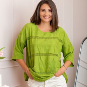 Bluza dama din bumbac Louise cu perforatii si buzunar - Verde lime