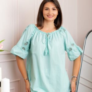 Bluza dama din bumbac Myra cu perforatii florale - Bleu