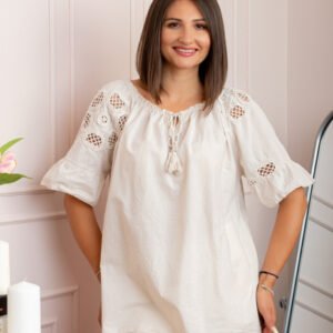 Bluza dama din bumbac Myra cu perforatii florale - Ecru