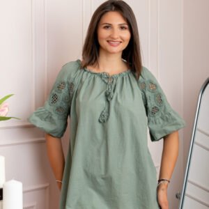 Bluza dama din bumbac Myra cu perforatii florale - Kaki
