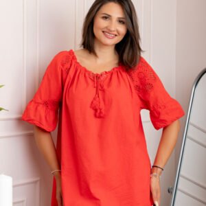 Bluza dama din bumbac Myra cu perforatii florale - Rosu
