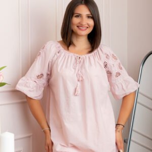 Bluza dama din bumbac Myra cu perforatii florale - Roz pastel