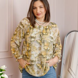 Bluza dama din voal bej cu fluturi galbeni Georgia