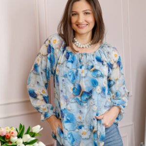Bluza dama din voal bleu cu fluturi albastru regal Georgia