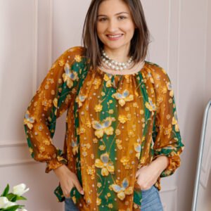 Bluza dama din voal caramiziu cu fluturi galbeni Georgia