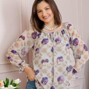 Bluza dama din voal ivoire cu flori mov Georgia