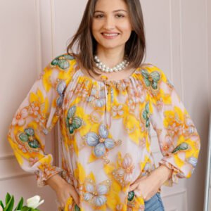 Bluza dama din voal roz pudrat cu fluturi galbeni Georgia