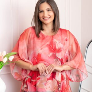 Bluza dama eleganta Shirley corai din voal cu imprimeu floral