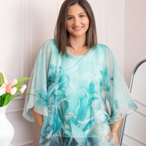 Bluza dama eleganta Shirley turcoaz din voal cu imprimeu floral