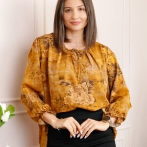 Bluza dama galben mustar cu imprimeu floral maro Quinn plus size