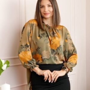 Bluza dama kaki cu imprimeu floral orange Quinn plus size