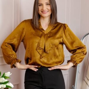 Bluza dama satinata maro caramel cu aplicatie tip cravata Yvonne
