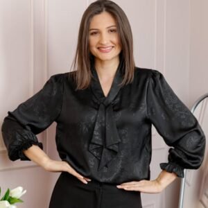 Bluza dama satinata neagra cu aplicatie tip cravata Yvonne