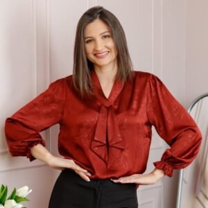 Bluza dama satinata rosu grena cu aplicatie tip cravata Yvonne