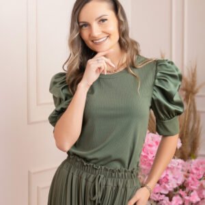 Bluza eleganta Arabella cu maneci bufante - Kaki
