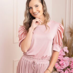 Bluza eleganta Arabella cu maneci bufante - Roz pudrat