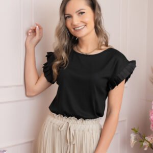 Bluza eleganta Aurora cu maneca scurta cu volane plisate - Negru