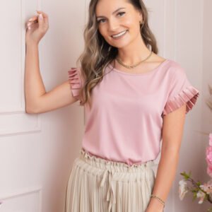 Bluza eleganta Aurora cu maneca scurta cu volane plisate - Roz pudrat
