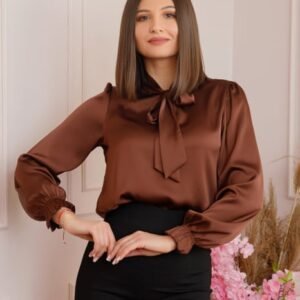 Bluza eleganta Celeste din satin cu maneci bufante si funda la gat - Maro