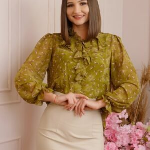 Bluza eleganta Genevieve cu volanase si imprimeu floral verde olive