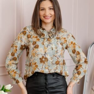 Bluza eleganta Nathalie cu funda la gat si imprimeu galben si crem