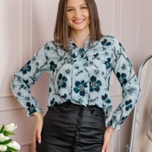 Bluza eleganta Nathalie cu funda la gat si imprimeu turcoaz si bleumarin