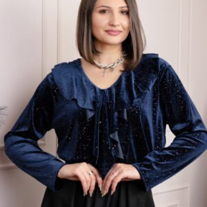 Bluza eleganta din catifea Cynthia cu volan si sclipici discret - Bleumarin