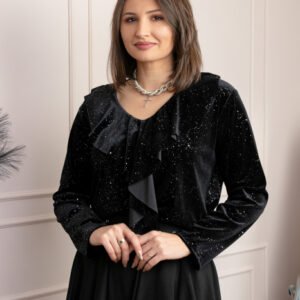 Bluza eleganta din catifea Cynthia cu volan si sclipici discret - Negru