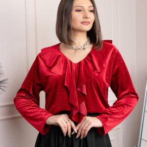 Bluza eleganta din catifea Cynthia cu volan si sclipici discret - Rosu